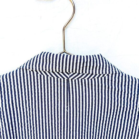 Sandro Navy Blue White Stripped Seersucker Long Sleeve Three Button Blazer - Picture 8 of 9
